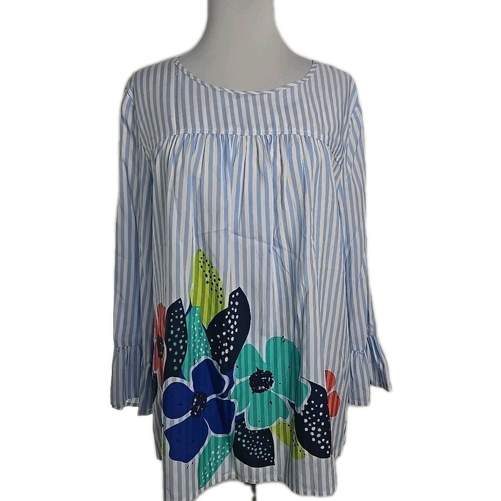 Crown & Ivy Blue White Striped Floral 3/4 Bell Sleeve Top‎ Blouse Women'sSize XL